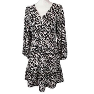 Ann Taylor Abstract Animal Print Ruffle Dress V-Neck Zip Back Long Sleeve Size 4
